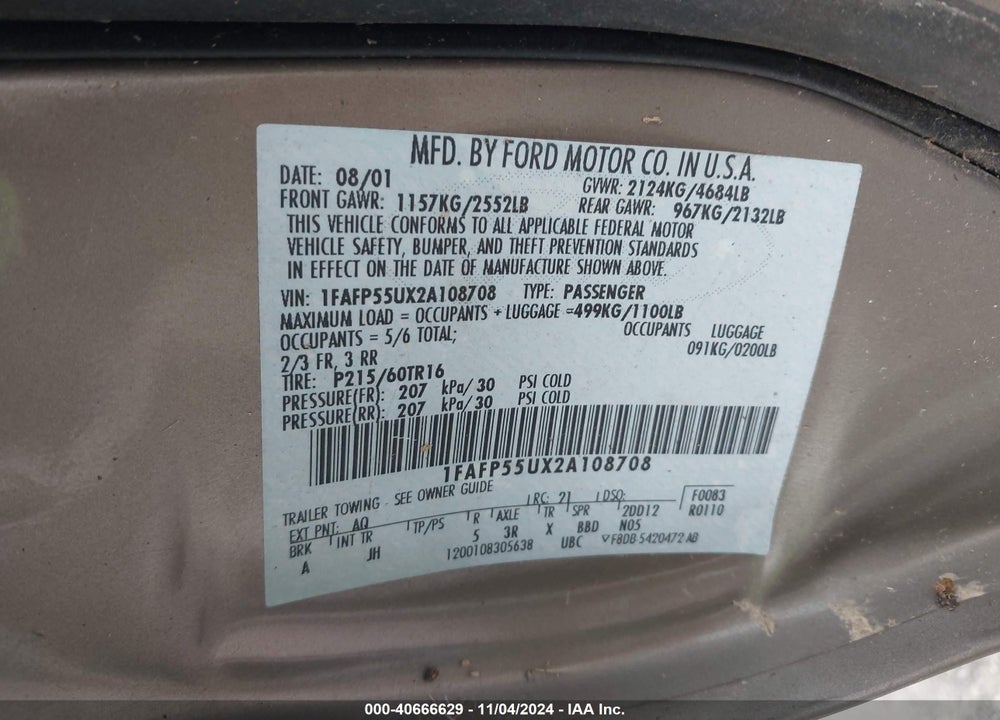 2002 FORD TAURUS SES VIN: 1FAFP55UX2A108708
