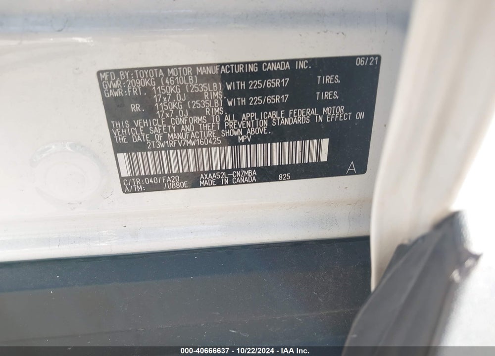 2021 TOYOTA RAV4 XLE VIN: 2T3W1RFV7MW160425