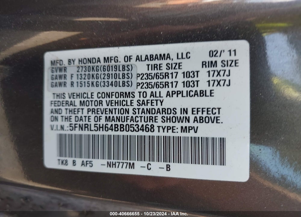 2011 HONDA ODYSSEY EX-L VIN: 5FNRL5H64BB053468
