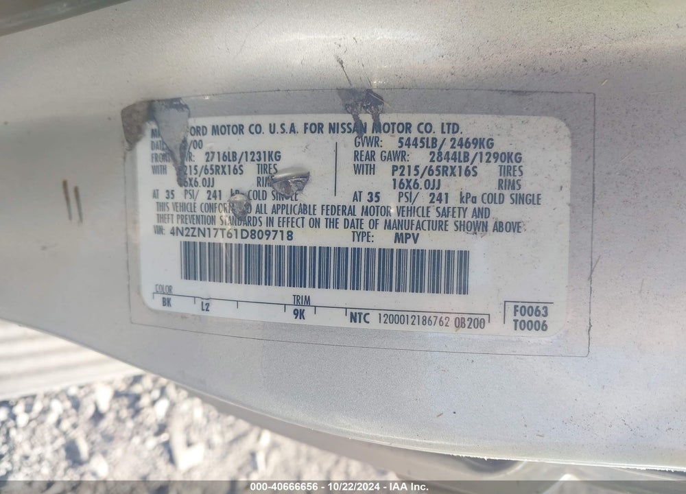 2001 NISSAN QUEST GLE VIN: 4N2ZN17T61D809718
