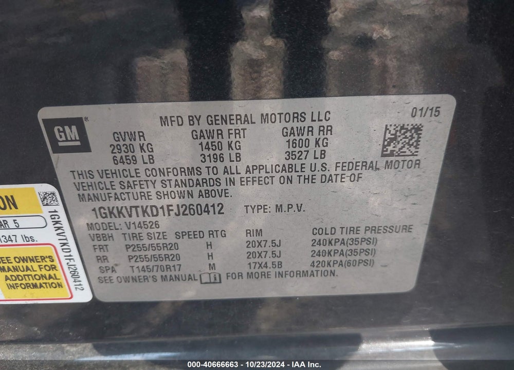 2015 GMC ACADIA DENALI VIN: 1GKKVTKD1FJ260412