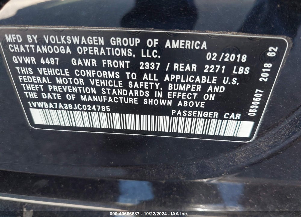 2018 VOLKSWAGEN PASSAT 2.0T SE VIN: 1VWBA7A39JC024785