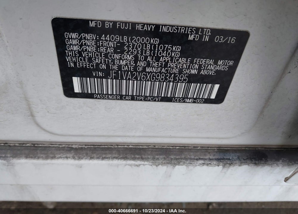 2016 SUBARU WRX STI VIN: JF1VA2V6XG9834395