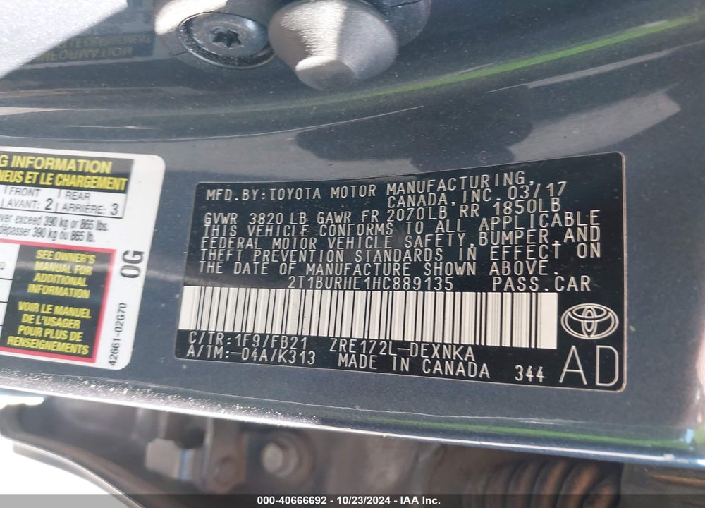 2017 TOYOTA COROLLA LE VIN: 2T1BURHE1HC889135