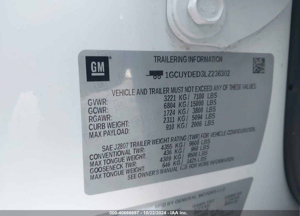 2020 CHEVROLET SILVERADO 1500 VIN: 1GCUYDED3LZ236302