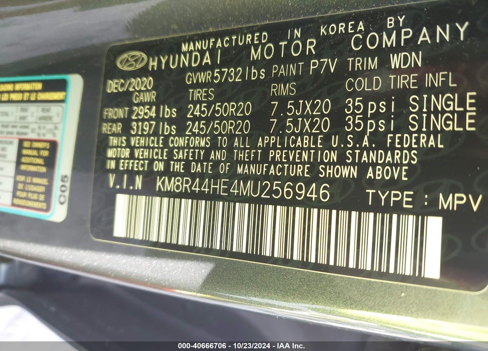 2021 HYUNDAI PALISADE SEL VIN: KM8R44HE4MU256946