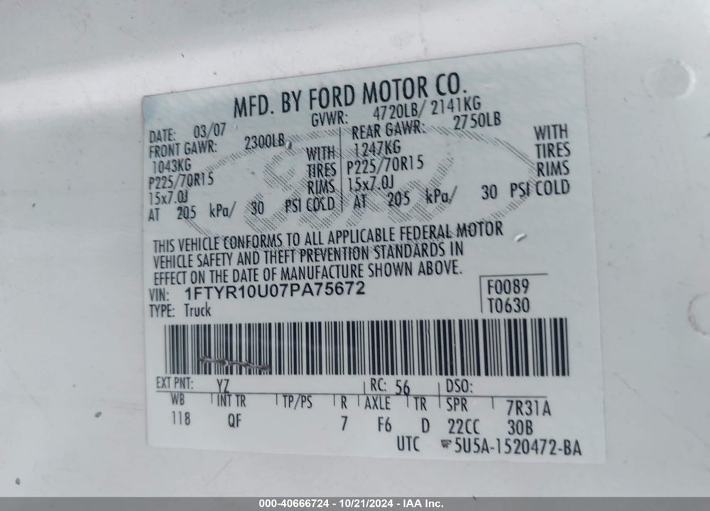 2007 FORD RANGER SPORT/STX/XL/XLT VIN: 1FTYR10U07PA75672