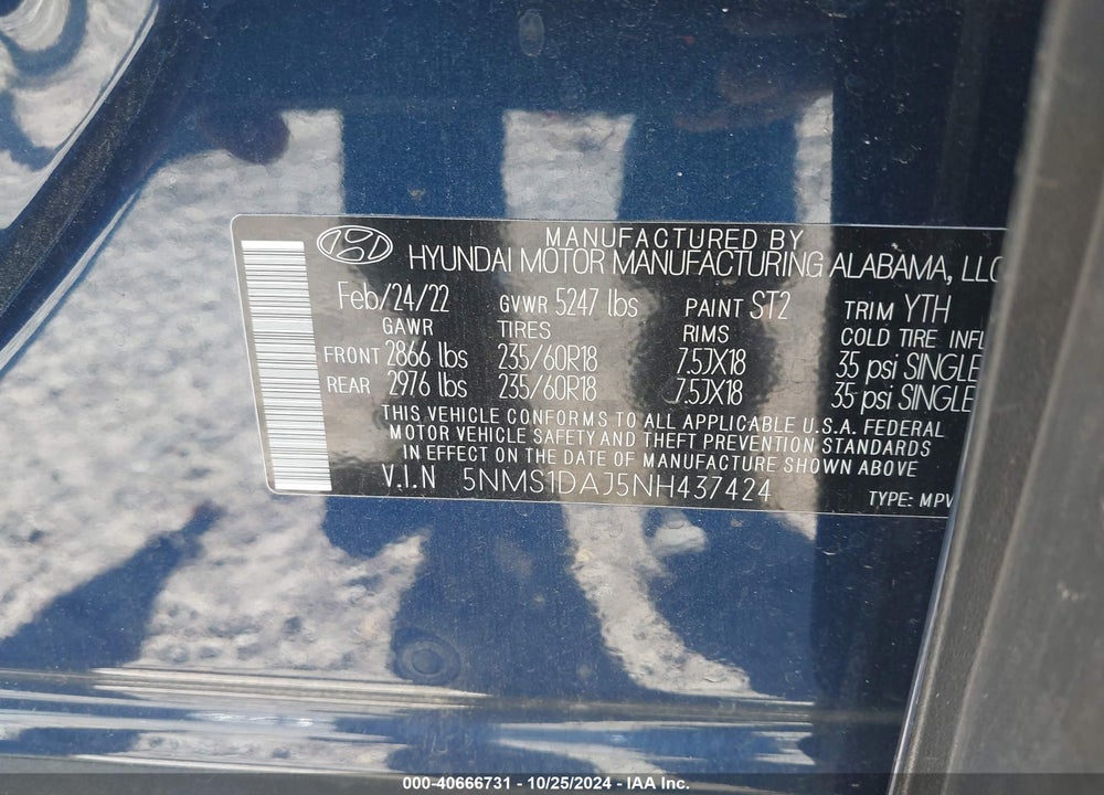 2022 HYUNDAI SANTA FE SE VIN: 5NMS1DAJ5NH437424