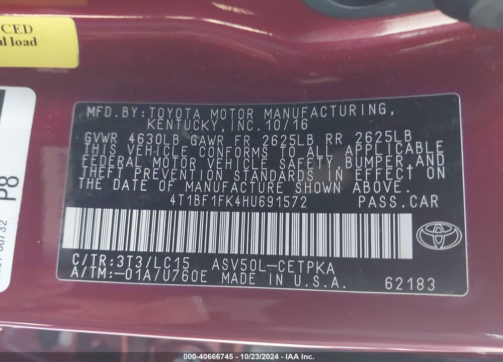 2017 TOYOTA CAMRY XSE VIN: 4T1BF1FK4HU691572