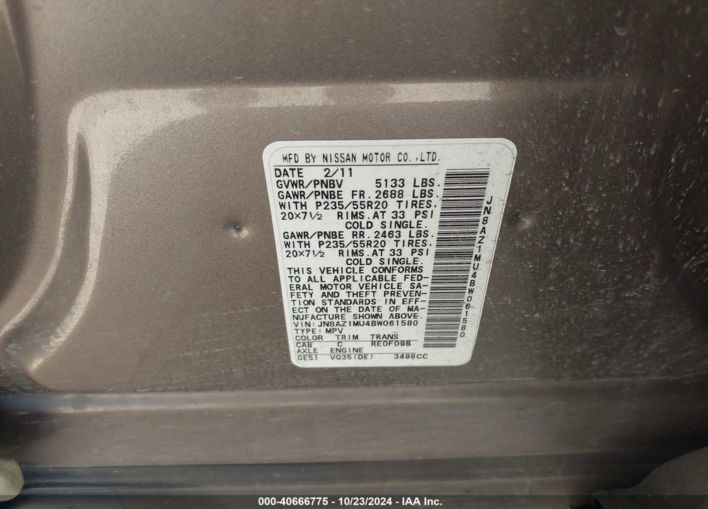 2011 NISSAN MURANO LE VIN: JN8AZ1MU4BW061580