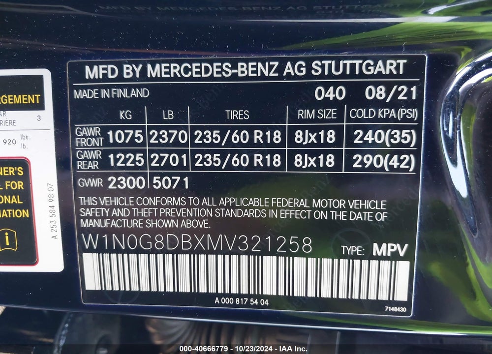 2021 MERCEDES-BENZ GLC 300 SUV VIN: W1N0G8DBXMV321258