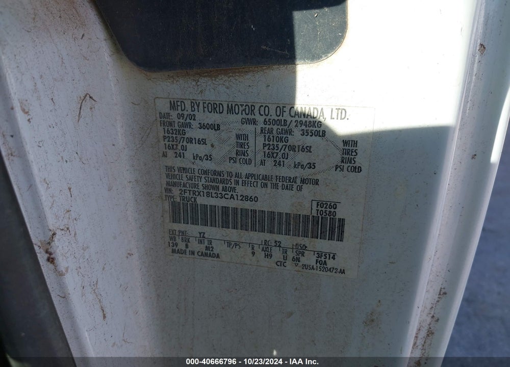 2003 FORD F-150 LARIAT/XL/XLT VIN: 2FTRX18L33CA12860