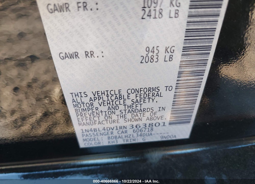 2024 NISSAN ALTIMA SV FWD VIN: 1N4BL4DV1RN363801
