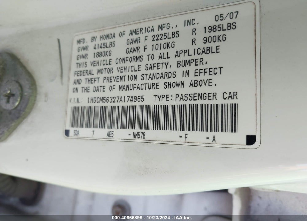 2007 HONDA ACCORD SDN VIN: 1HGCM56327A174965