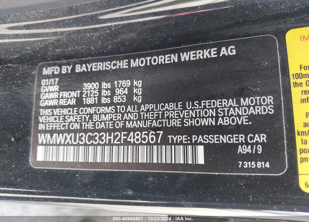 2017 MINI HARDTOP COOPER S VIN: WMWXU3C33H2F48567