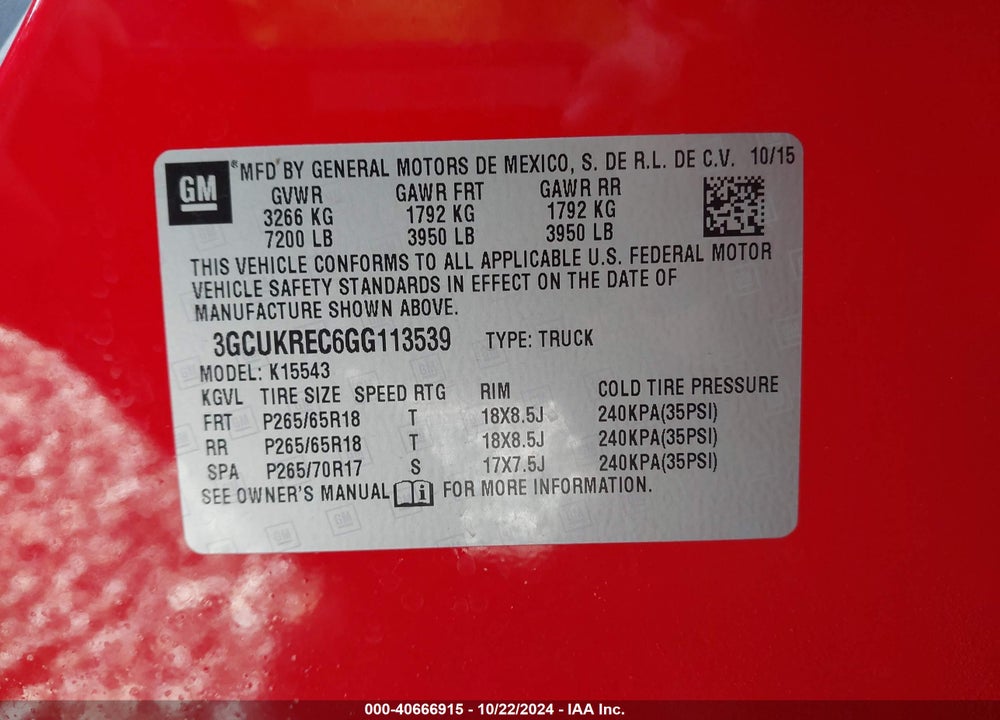 2016 CHEVROLET SILVERADO 1500 2LT VIN: 3GCUKREC6GG113539