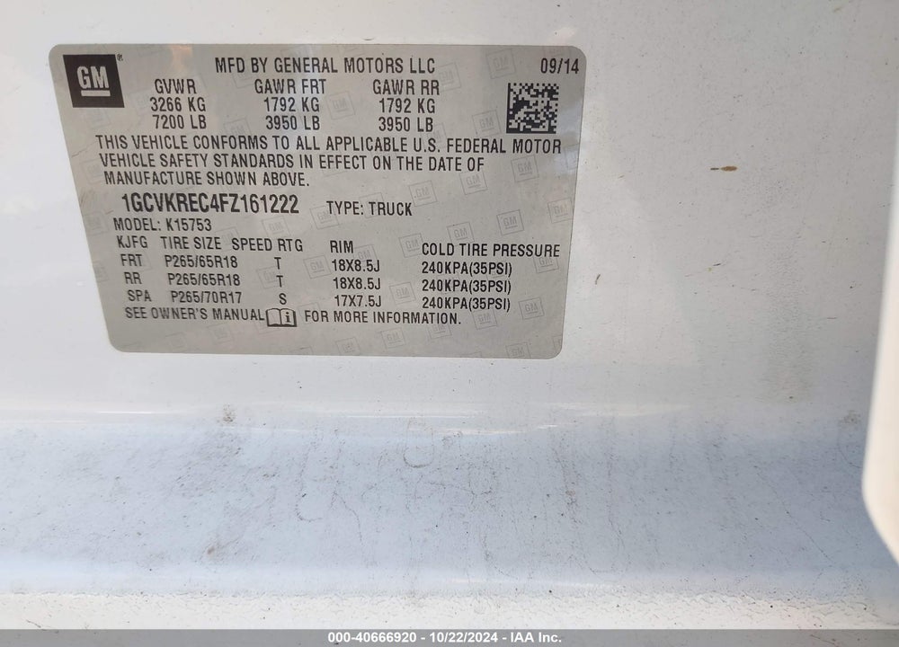 2015 CHEVROLET SILVERADO 1500 1LT VIN: 1GCVKREC4FZ161222