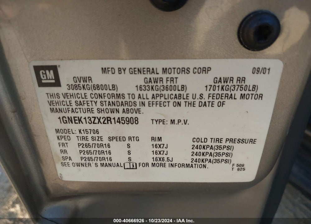 2002 CHEVROLET TAHOE LT VIN: 1GNEK13ZX2R145908