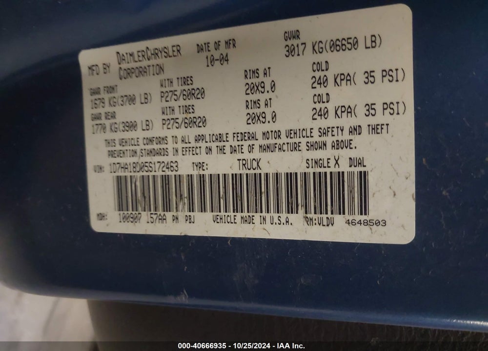 2005 DODGE RAM 1500 SLT/LARAMIE VIN: 1D7HA18D05S172463