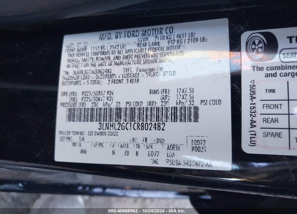 2012 LINCOLN MKZ VIN: 3LNHL2GC1CR802482