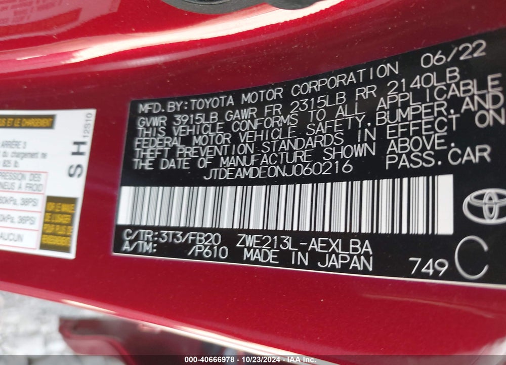 2022 TOYOTA COROLLA HYBRID LE VIN: JTDEAMDE0NJ060216