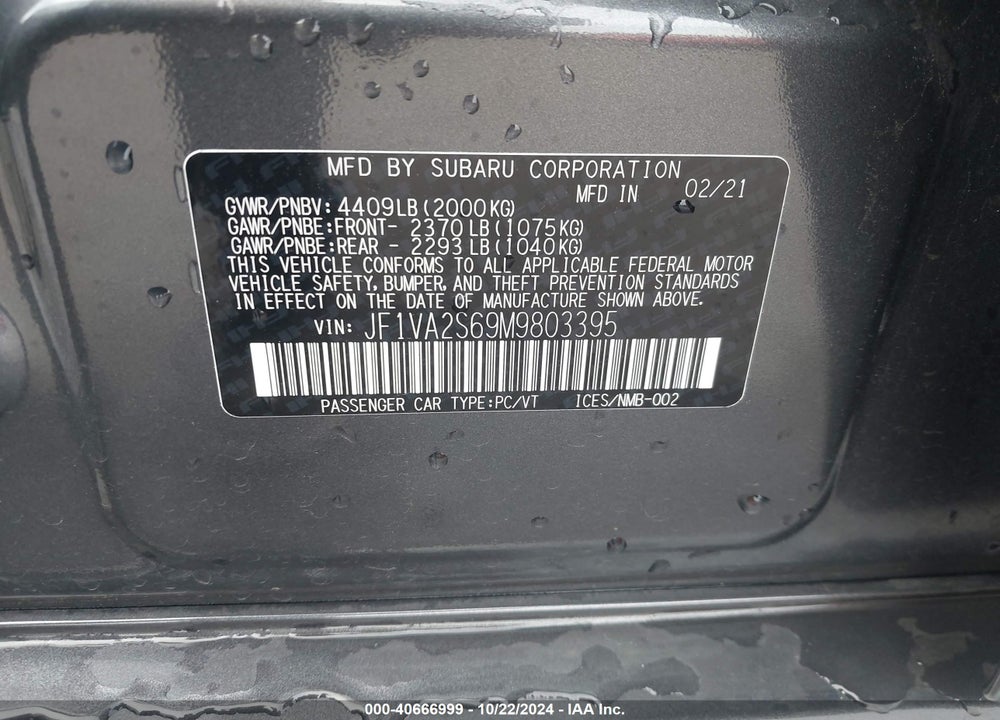 2021 SUBARU WRX STI VIN: JF1VA2S69M9803395