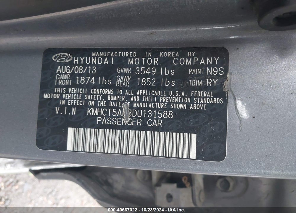 2013 HYUNDAI ACCENT GS VIN: KMHCT5AE3DU131588