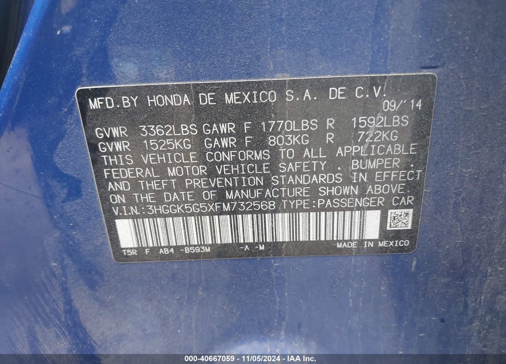 2015 HONDA FIT LX VIN: 3HGGK5G5XFM732568