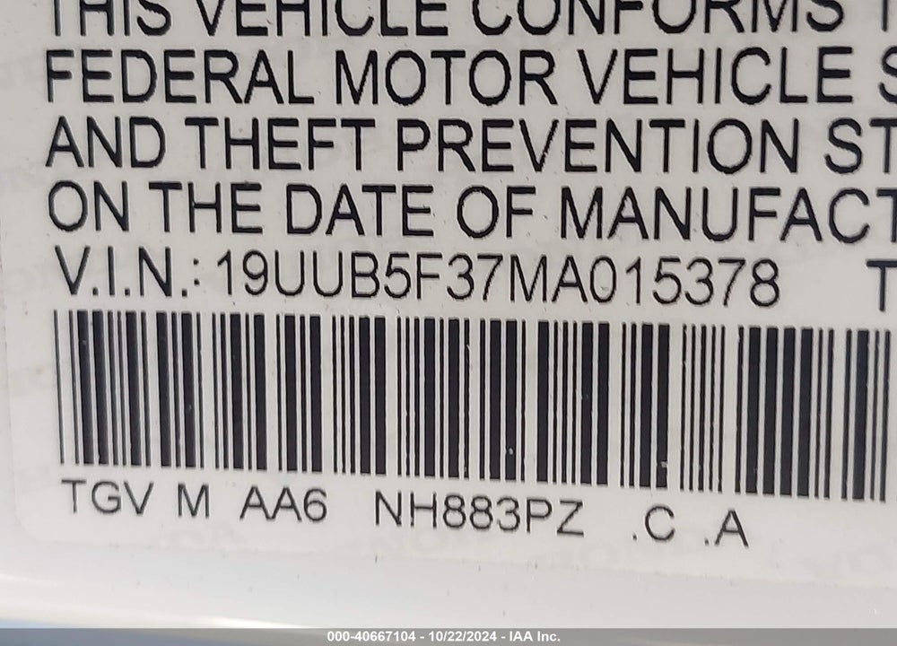 2021 ACURA TLX STANDARD VIN: 19UUB5F37MA015378