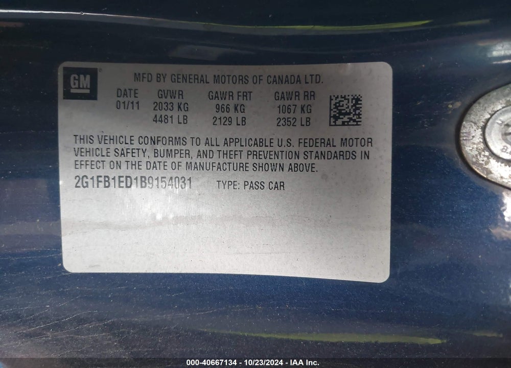 2011 CHEVROLET CAMARO 1LT VIN: 2G1FB1ED1B9154031