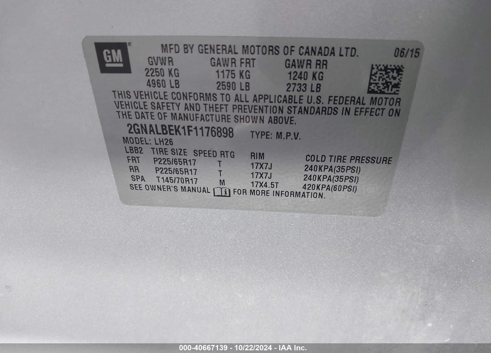 2015 CHEVROLET EQUINOX 1LT VIN: 2GNALBEK1F1176898