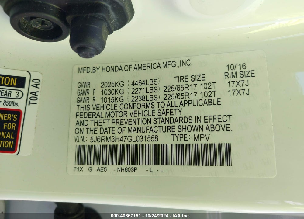 2016 HONDA CR-V SE VIN: 5J6RM3H47GL031558