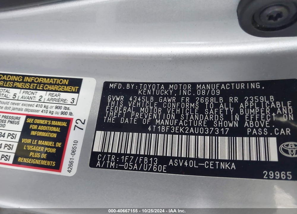 2010 TOYOTA CAMRY VIN: 4T1BF3EK2AU037317