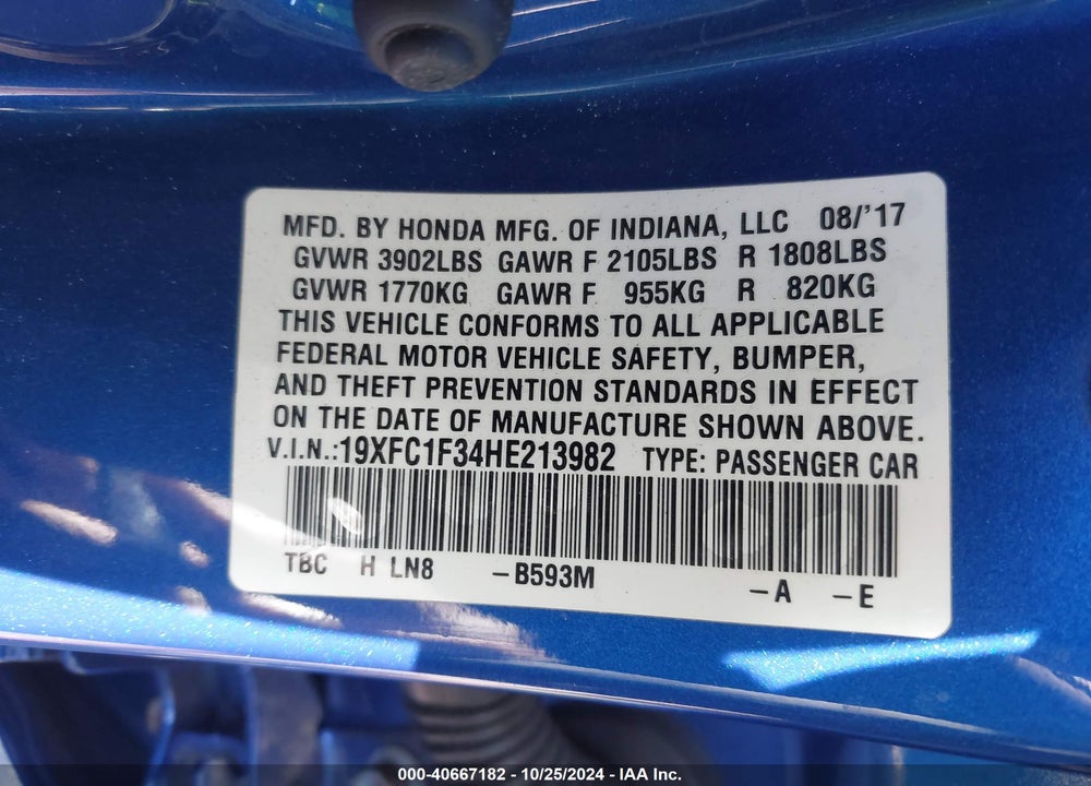 2017 HONDA CIVIC EX-T VIN: 19XFC1F34HE213982