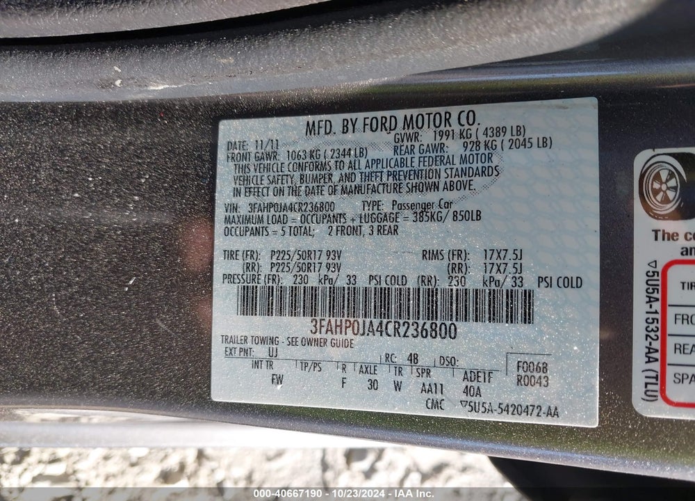 2012 FORD FUSION SEL VIN: 3FAHP0JA4CR236800