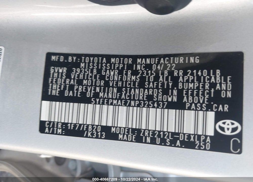 2022 TOYOTA COROLLA LE VIN: 5YFEPMAE7NP325437