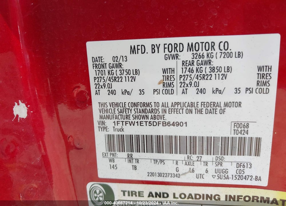 2013 FORD F-150 LIMITED VIN: 1FTFW1ET5DFB64901