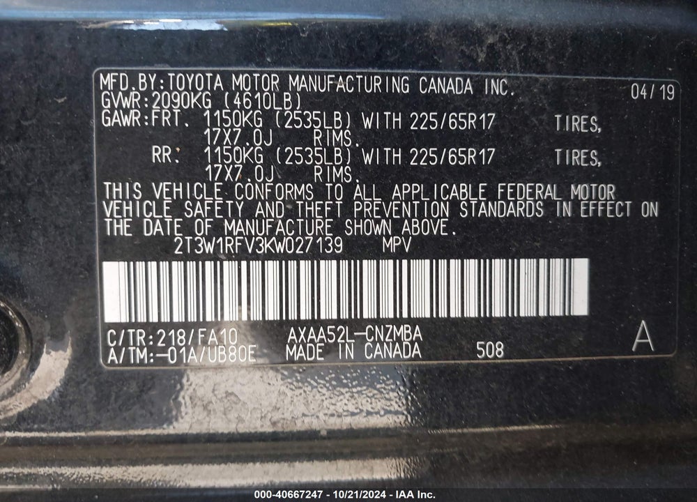 2019 TOYOTA RAV4 XLE VIN: 2T3W1RFV3KW027139