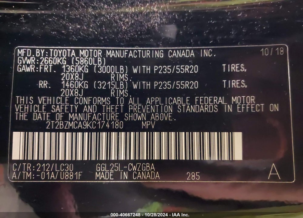 2019 LEXUS RX 350 F-SPORT VIN: 2T2BZMCA9KC174180