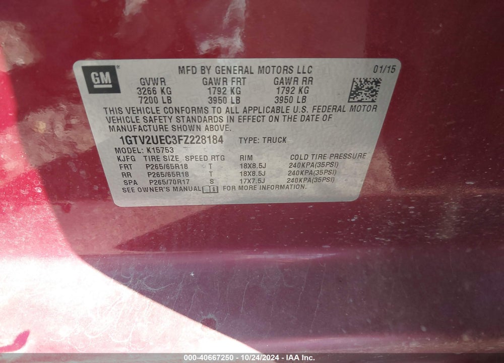 2015 GMC SIERRA 1500 SLE VIN: 1GTV2UEC3FZ228184
