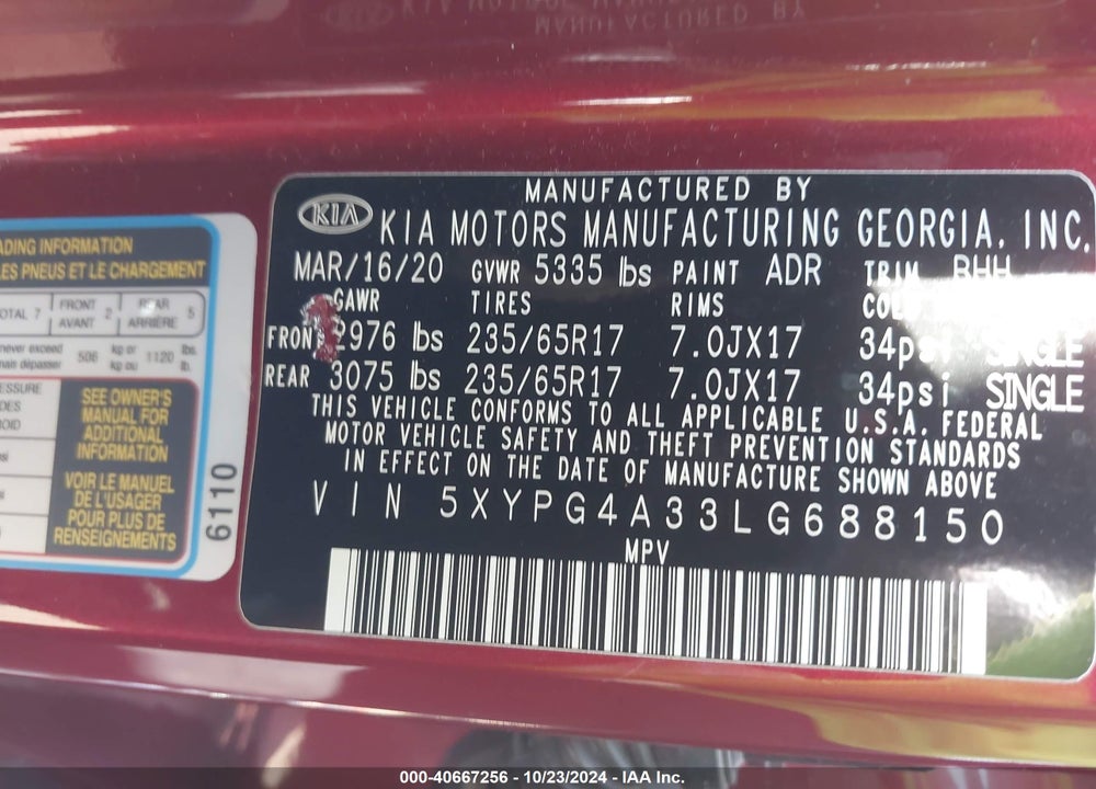 2020 KIA SORENTO 2.4L LX VIN: 5XYPG4A33LG688150