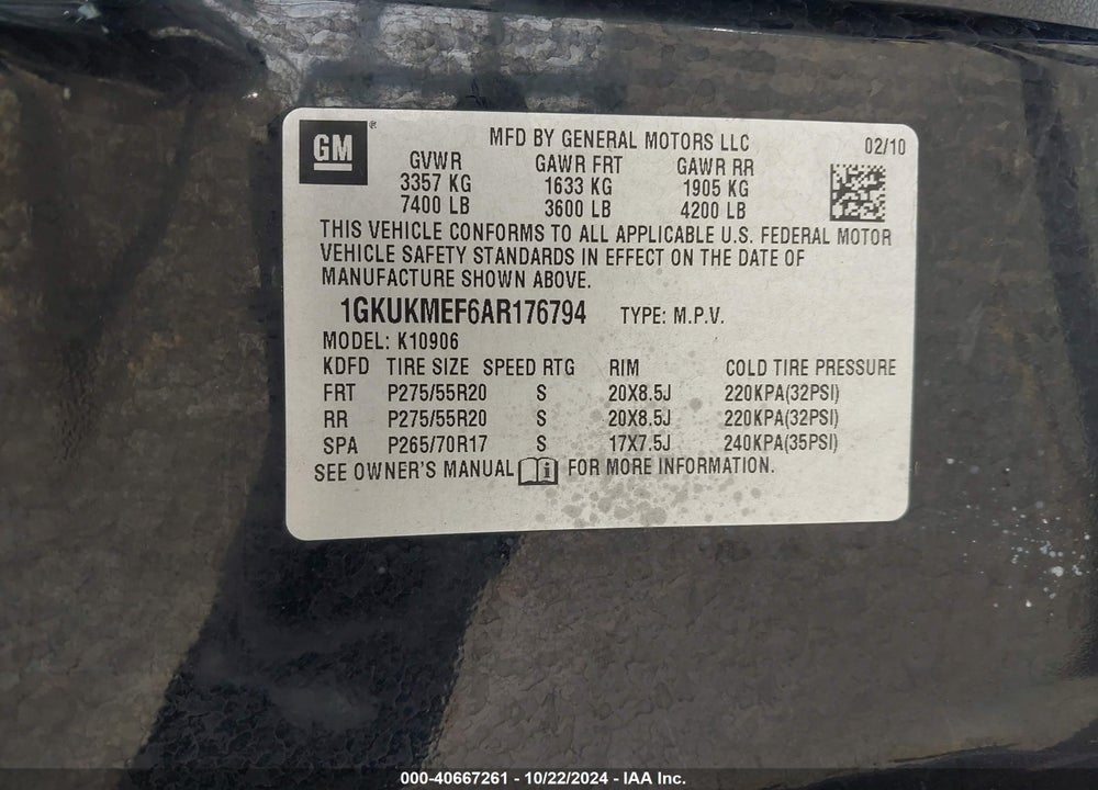 2010 GMC YUKON XL 1500 DENALI VIN: 1GKUKMEF6AR176794