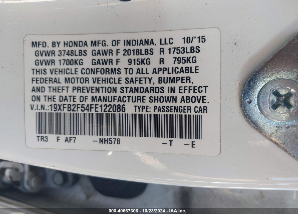 2015 HONDA CIVIC LX VIN: 19XFB2F54FE122086