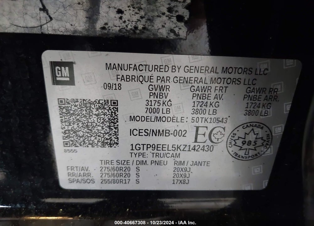 2019 GMC SIERRA 1500 AT4 VIN: 1GTP9EEL5KZ142430