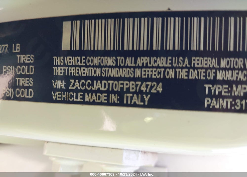 2015 JEEP RENEGADE LIMITED VIN: ZACCJADT0FPB74724
