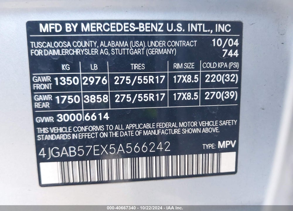 2005 MERCEDES-BENZ ML 350 4MATIC VIN: 4JGAB57EX5A566242