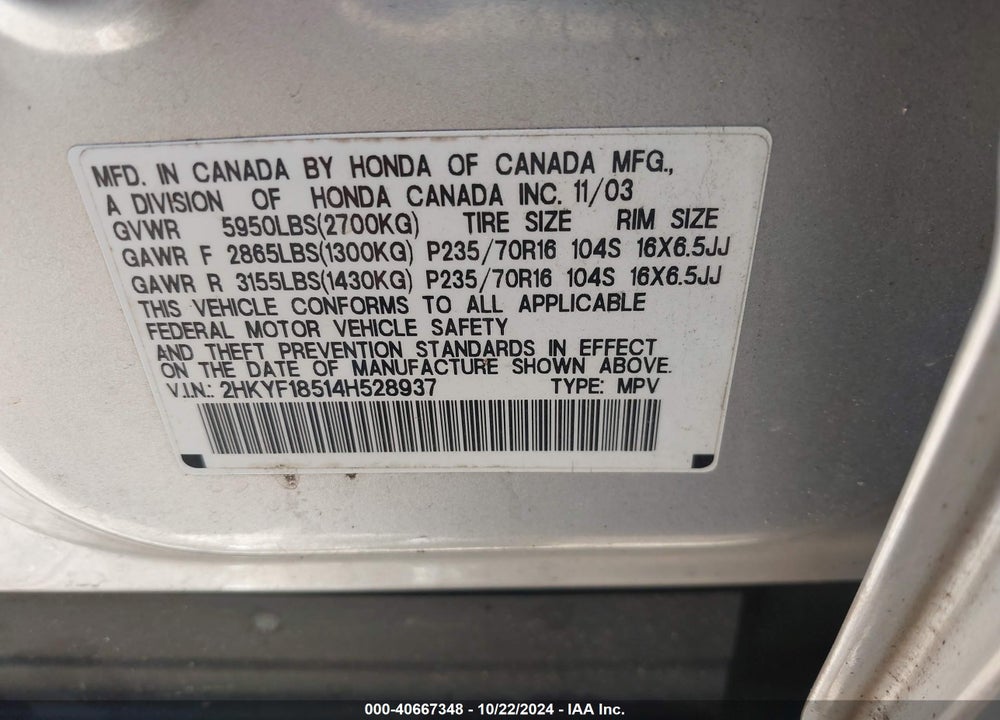 2004 HONDA PILOT EX-L VIN: 2HKYF18514H528937