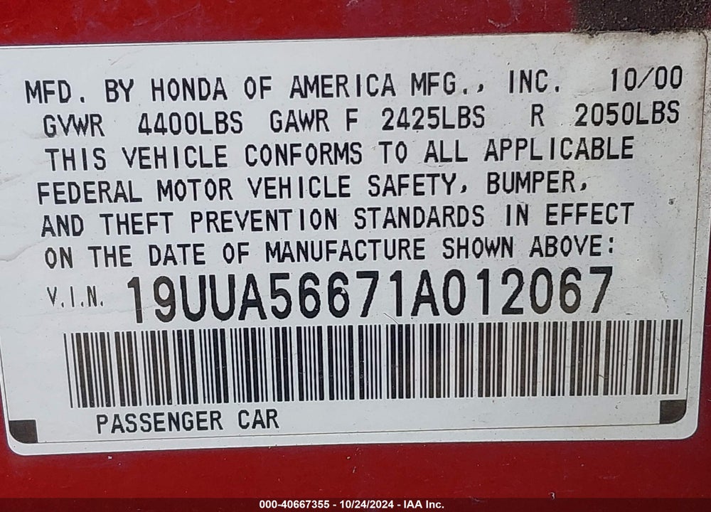 2001 ACURA TL 3.2 VIN: 19UUA56671A012067