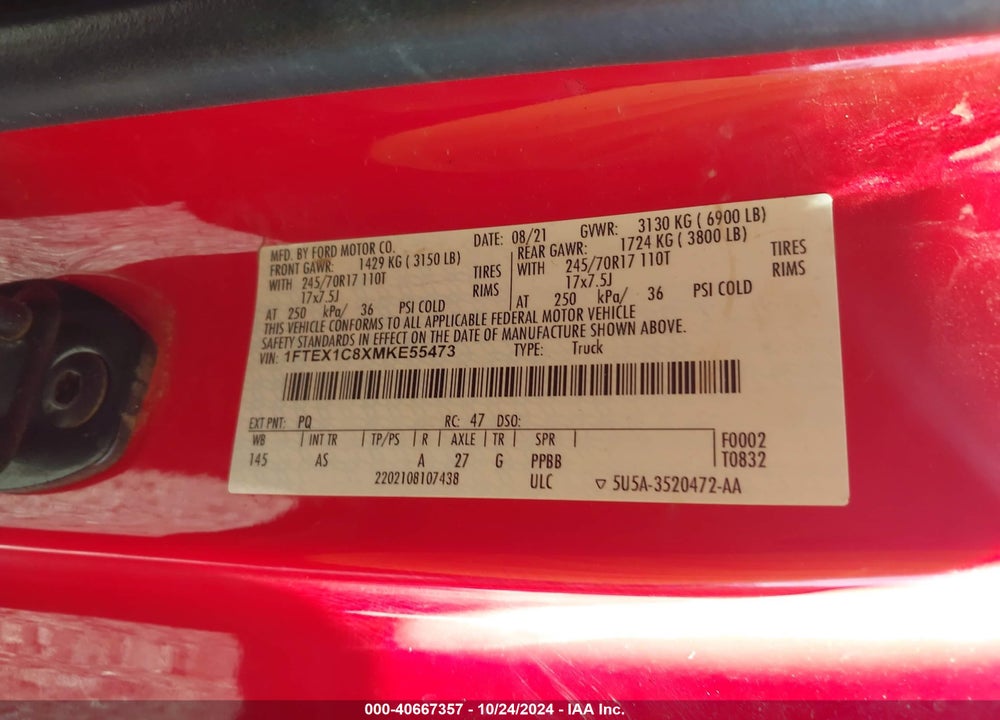 2021 FORD F-150 XL VIN: 1FTEX1C8XMKE55473