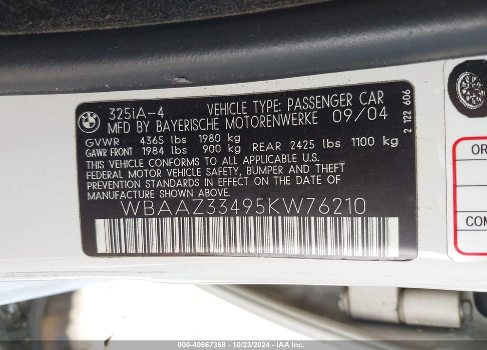 2005 BMW 325I VIN: WBAAZ33495KW76210